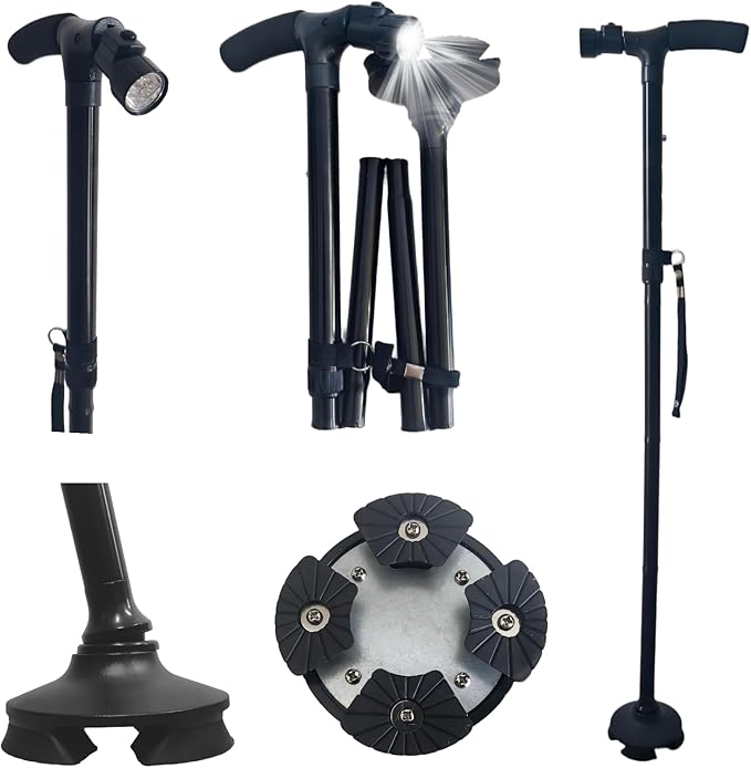 Lightweight Adjustable Folding Walking Canes for Men and Women-360° Swivel Base,Non-Slip Handle,LED Safety Light & Wrist Strap-Assist Seniors & Adults with Daily Walking,Stairs,Balance Support
