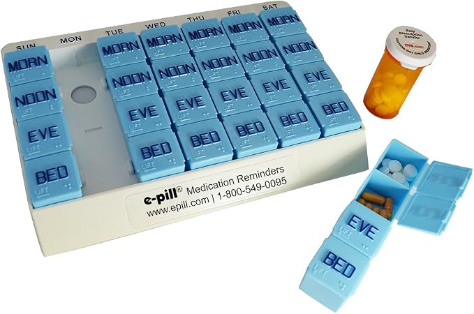 e-Pill 4 Times a Day x 7 Day Large Weekly Pill Organizer, Vitamin, and Medicine Pillbox - with 4 Alarm Talking Reminder