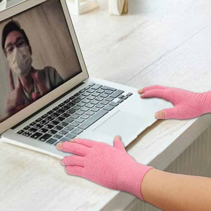 2-Pair Arthritis Compression Gloves for Alleviate Rheumatoid Osteoarthritis, Carpal Tunnel Raynauds Disease, Fingerless Design Breathable & Moisture, Women and Men (Pink, Large)