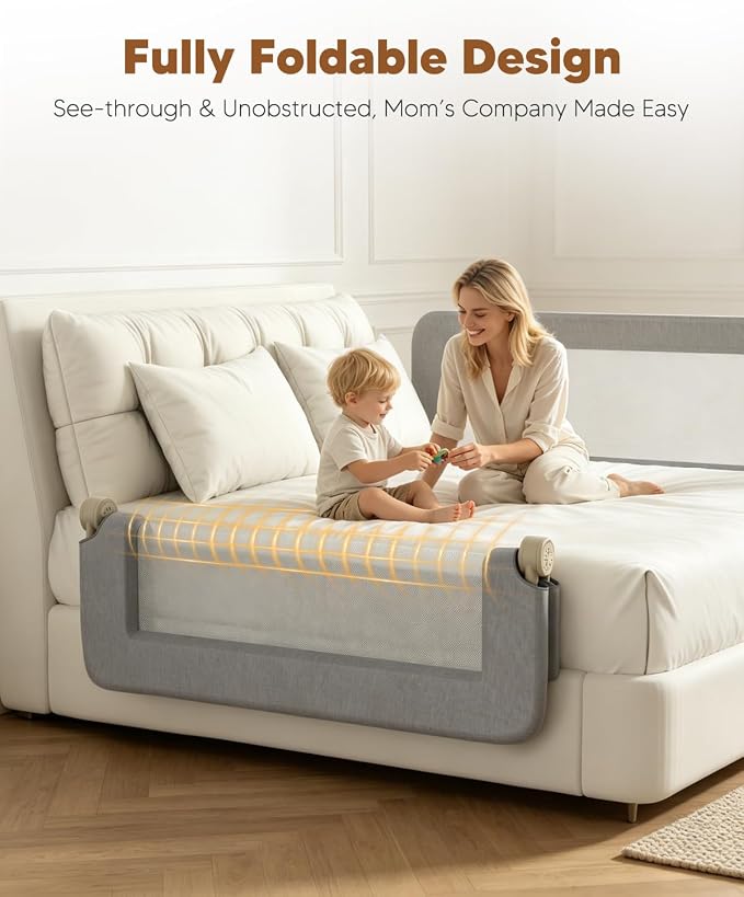 Bed Rail for Toddlers, 59in Foldable Toddler Bed Rails with Reinforced Carbon Steel Frame, Breathable Cationic Washable Fabric, Safety Bed Guard Rails for Bed, No-Tool Setup