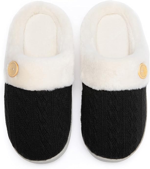 Chantomoo Womens Slipper Warm Comfy Memory Foam House Slippers Knitted Shoes Faux Fur Lined Anti-Skid Rubber Sole Bedroom Cozy Indoor Outdoor Slippers