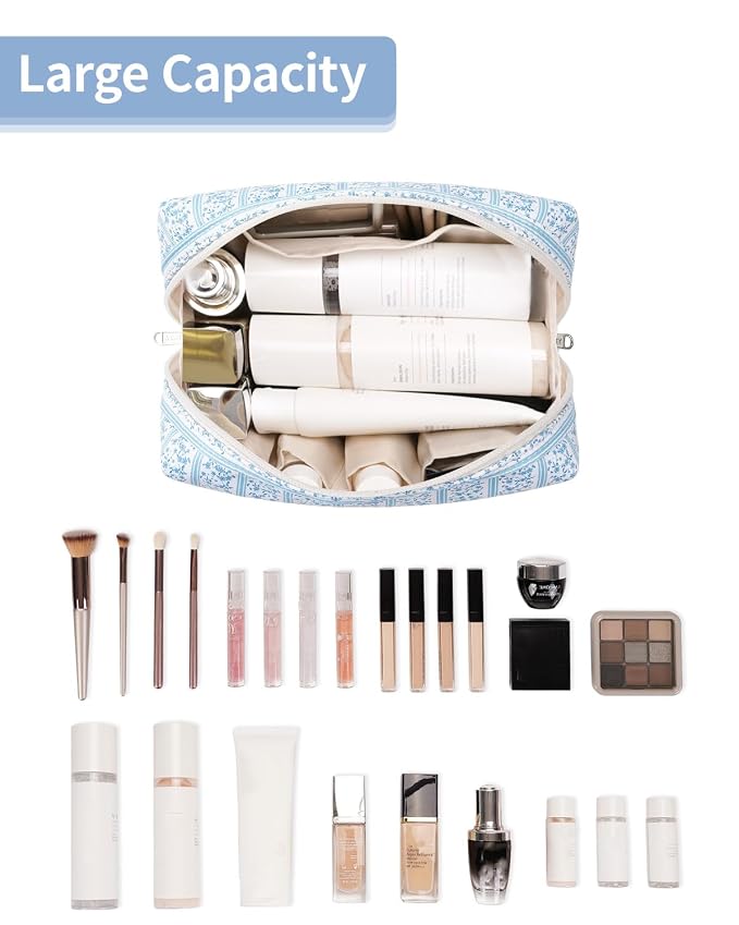 Narwey Cute Floral Makeup Bag Travel Cosmetic Bag Organizer Toiletry Bag Make Up Bags with Compartments for Women Girls (Blue Flower Buds, Large)