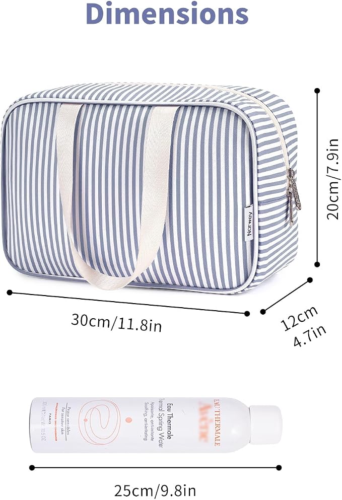 Full Size Toiletry Bag Women Large Cosmetic Bag Travel Makeup Bag Organizer Medicine Bag for Toiletries Essentials Accessories (Greyish Blue Stripe, Large)