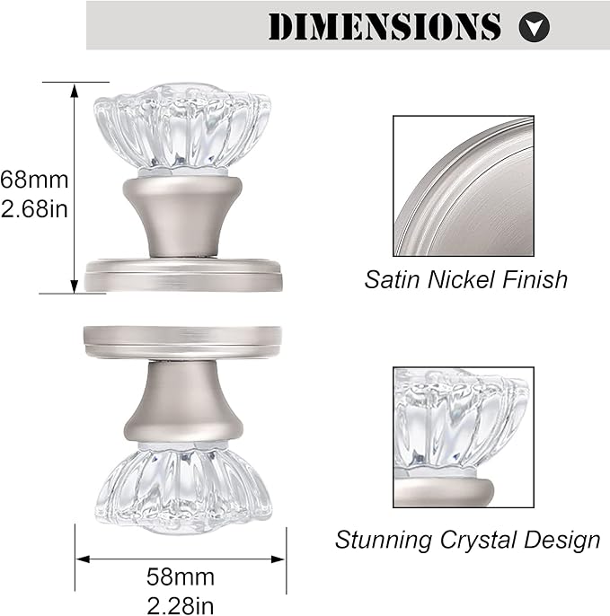 Crystal Dummy Door Knob, Inactive Glass Half-Dummy Door Knobs | for Hall/Closet, Brushed Nickel-4 Pack