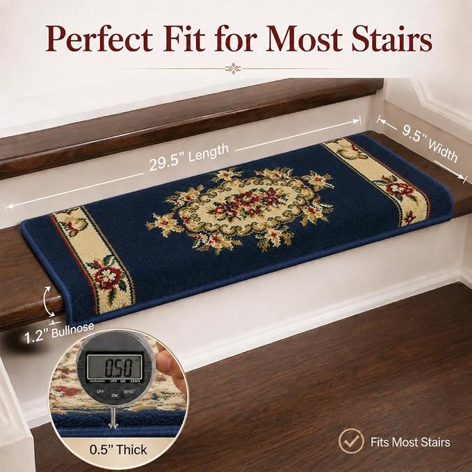 Rounded Bullnose Carpet Stair Treads for Wooden Steps Indoor, No Tape Non Slip Step Mats with TPU Backing & Steel Reinforced Edge for Dogs Elders,Navy Floral,14