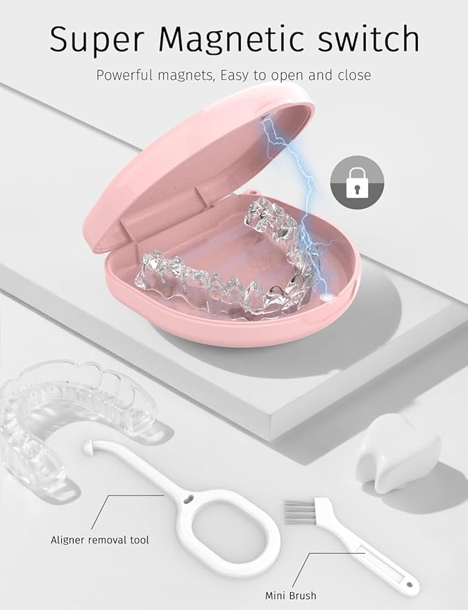 2Pack Retainer Case, Compatible with Invisalign, Slim Aligner Case with Vent Holes, Portable Orthodontic Box with Removal Tool, Brush and Lanyard, Pink