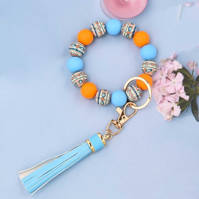 BAOSIWA Silicone Beaded Bracelet Keychain Wristlet Key Ring Bangle Chains for Women with Leather Tassel