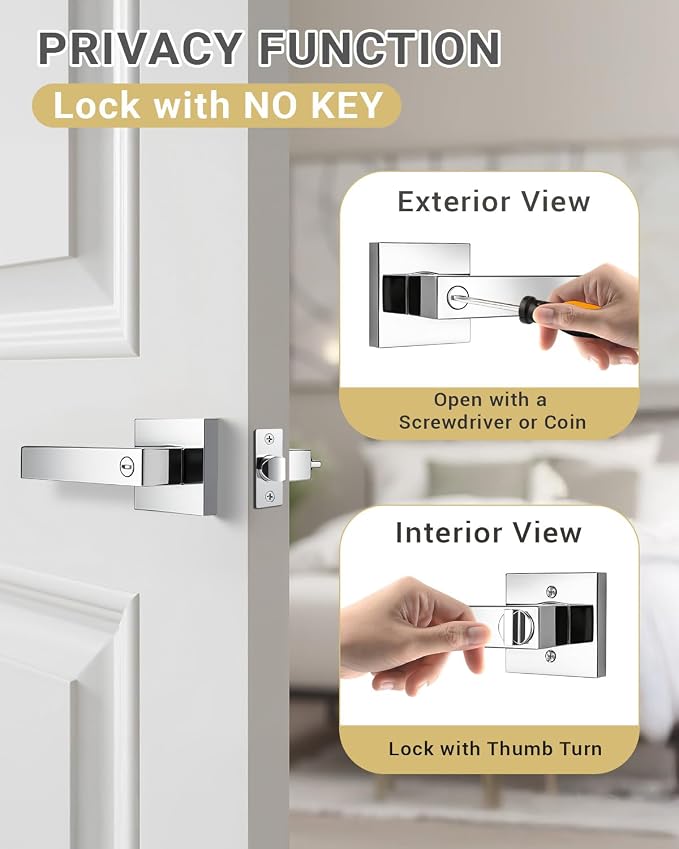 KNOBWELL 6 Pack Door Handles Interior Privacy Door Knob for Bed and Bath Polished Chrome Door Leverset Modern Doorknob