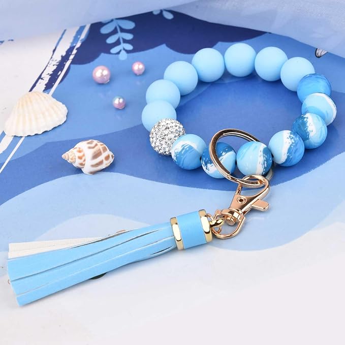 BAOSIWA Silicone Beaded Bracelet Keychain Wristlet Key Ring Bangle Chains for Women with Leather Tassel