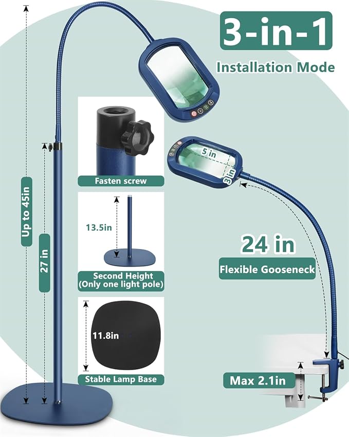 12X Rectangle Magnifying Glass with Light and Stand, 24" Flexible Gooseneck 3-in-1 Floor Lamp, 5 Color Modes Stepless Dimmable, LED Lighted Hands Free Magnifier for Reading Painting Close Work - Blue