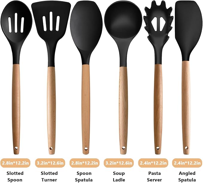Silicone Kitchen Utensils Set of 6, Cooking Utensils Set with Heat Resistant Wooden Handle, Nonstick Silicone Spatula Spoon Turner Ladle, Cooking Kitchen Gadget for Cookware & Baking BPA FREE
