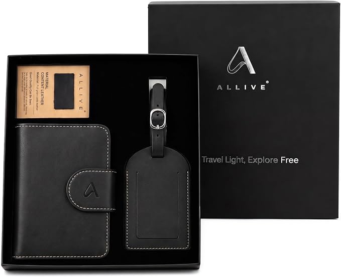 ALLIVE Passport Holder with Luggage Tag, Genuine Leather Passport Holder with AirTag Hidden Pocket, RFID Blocking Travel Wallet for Women & Men, Premium Gift Box, Ready to Gift – Gift Set (Black)