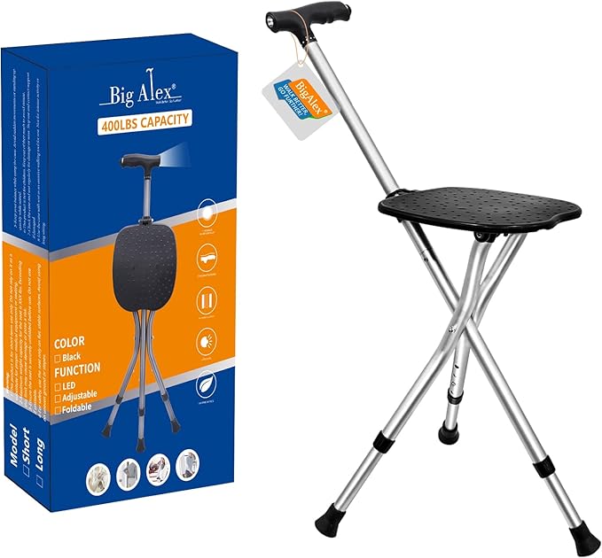 BigAlex Alloy Folding Cane with Seat, Lightweight Adjustable Walking Cane with Seat, Cane Seat with LED for Seniors, Cane Chair for Woman/Man,Anti-Slip Walking Stick for Seniors