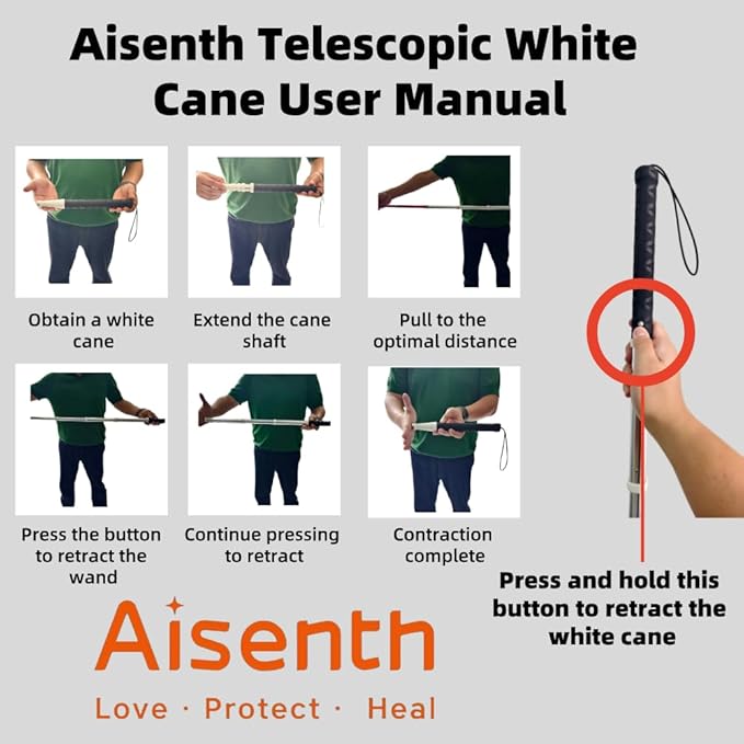 Telescopic Retractable White Cane for Blind-Foldable Mobility Stick with Wrist Strap&Storage Pouch,Non-Slip Sweat-Absorbent Handle,Fixed Alloy Tip|Lightweight Portable Blind Walking Cane Stick