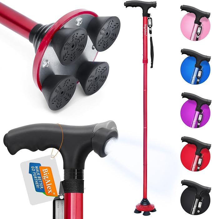 BigAlex Folding Walking Cane with LED Light,Pivoting Quad Base,Adjustable Walking Stick with Carrying Bag for Man/Woman (Alloy Base)