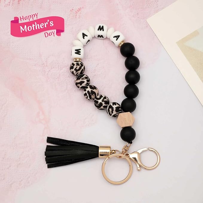BAOSIWA Silicone Key Ring Bracelet Wristlet Keychain Unique Beaded Bangle Key Chains for Women with Leather Tassel