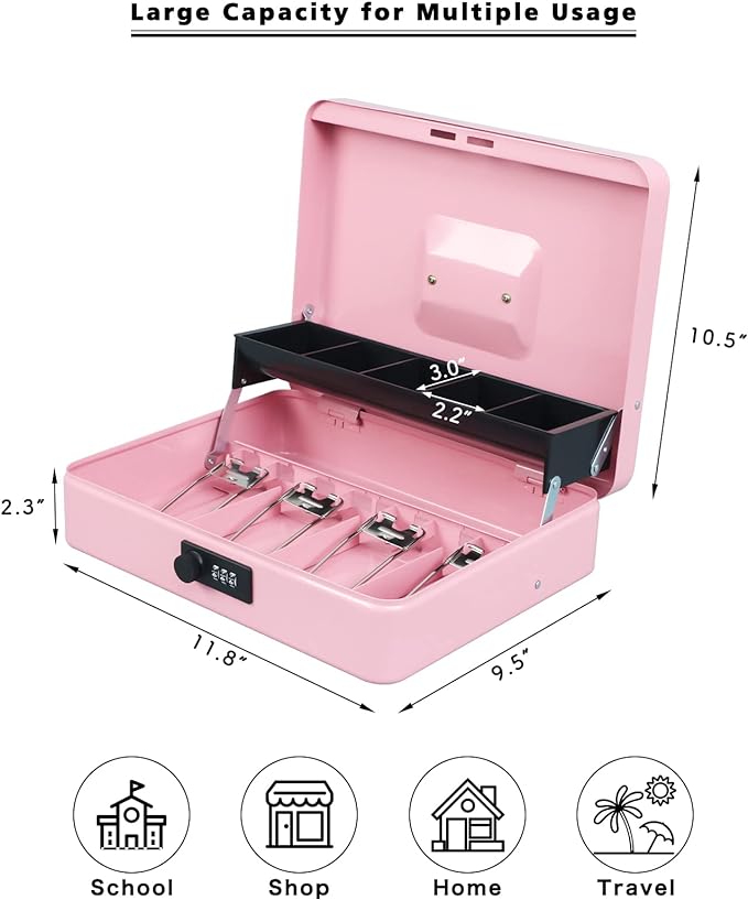 xydled Cash Box with Money Tray and Combination Lock,Tiered, Cantilever Design,4 Bill / 5 Coin Slots,11.8" x 9.5" x 3.5",Pink