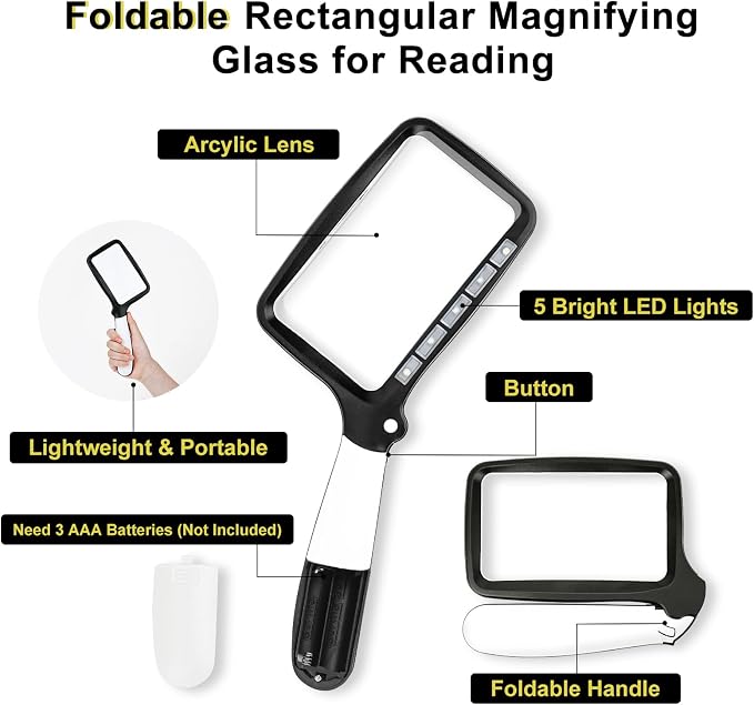 3X Folding Magnifying Glass with Light, Retancular Lighted Magnifier with 5 LED Lights, Handhold Page Magnify Lens Seniors Gift for Reading Books, Coins, Maps, Inspection, Exploring -Black