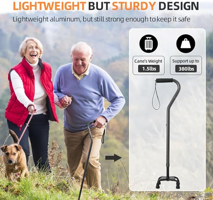 BeneCane Quad Cane Adjustable Walking Cane with Offset Soft Cushioned Handle for Men & Women Lightweight Comfortable with 4-Pronged feet for Extra Stability