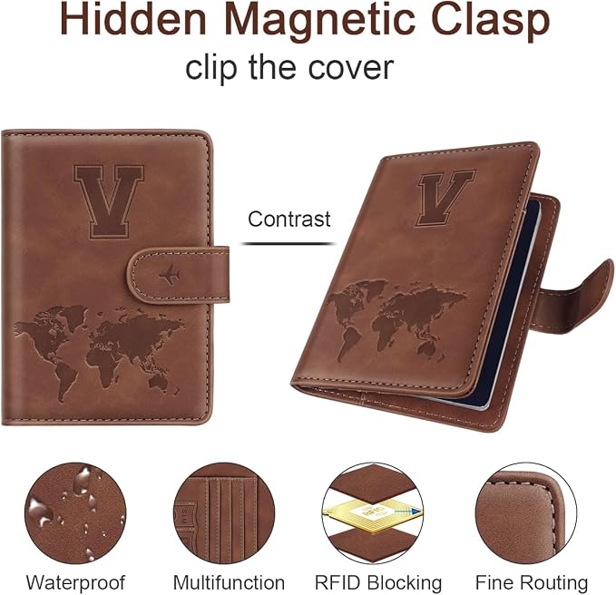 Passport Holder Wallet Cover Personalized Initial Travel Essentials | Embossed Letter A-Z Design, Travel Wallets, RFID Blocking, Passport Book Holders, Women Men, Personalized Gifts, Brown-W