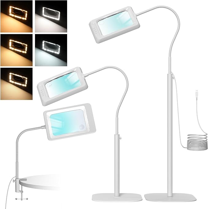 MoKo 10X Large Floor Magnifying Glass with Light and Stand,Flexible Gooseneck Floor Magnifying Lamp with 5 Color Modes,3 in 1 LED Lighted Desk Lamp Magnifiers for Reading,Close Work,Sewing, White