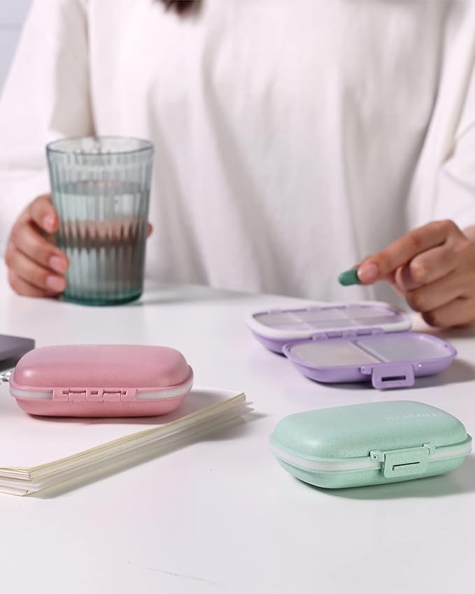MEACOLIA 3 Pack Travel Pill Organizer - 8 Compartments Portable Pill Case for Purse, Moisture-Proof Daily Medicine Vitamin Container, Pill Box Holder for Travel Essentials (Purple, Green, Pink)