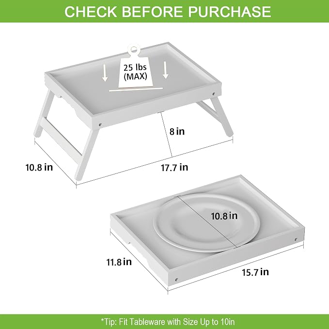 Youpehom Bamboo Bed Tray Table with Folding Legs, Medium, White | Bamboo bed tray with folding legs, handles and raised edges for meals, laptops, reading and serving in bed or on a sofa.