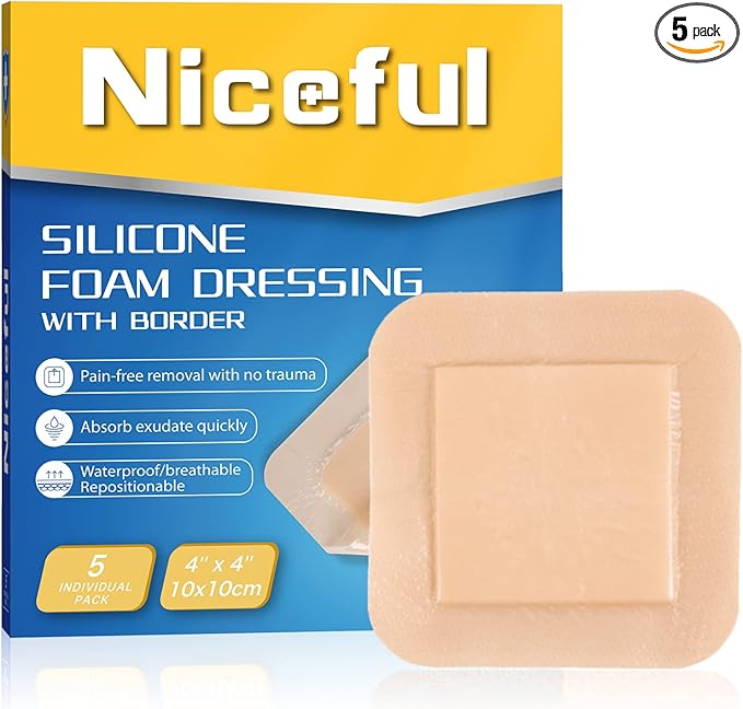 Niceful Silicone Foam Dressing 4"x4", Waterproof Silicone Bandages with Border Adhesive, High Absorbency Bed Sore Bandages Wound Care Dressing (2.5"X2.5" Pad), 5 Packs, FSA HSA Eligible