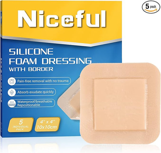 Niceful Silicone Foam Dressing 4"x4", Waterproof Silicone Bandages with Border Adhesive, High Absorbency Bed Sore Bandages Wound Care Dressing (2.5"X2.5" Pad), 5 Packs, FSA HSA Eligible