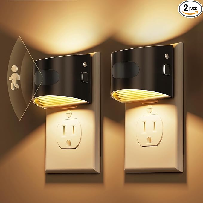 L LOHAS LED Motion Sensor Night Light, Night Lights Plug into Wall, 2 Pack | Nightlight with Dusk to Dawn & Motion Detection Sensor, 30-100Lm Adjustable Brightness, 3000K Warm White, Black Housing