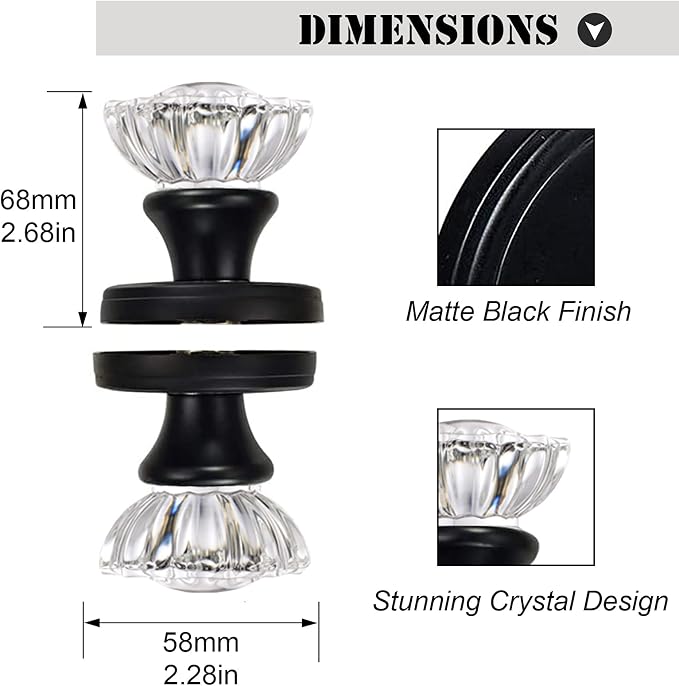 Glass Dummy Door Knobs Interior Matte Black Vintage Crystal Dummy Door Knob | for Hall and Closet, Inactive (2 Pack)