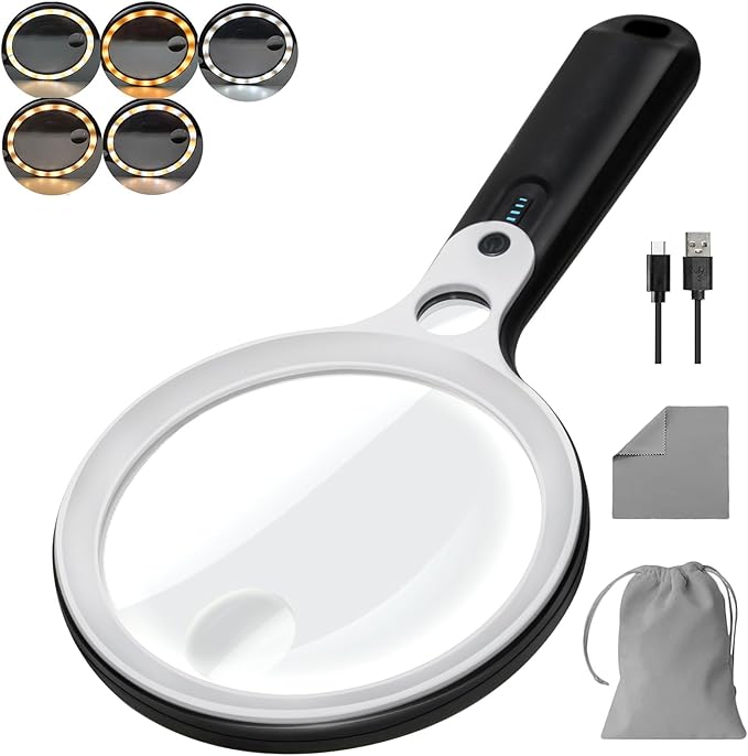 Magnifying Glass with 48 LED Light, 10X 20X 45X Handheld Illuminated Lighted Magnifier with 5 Light Modes Rechargeable Magnifying Glass for Seniors Reading Inspection (White & Black)