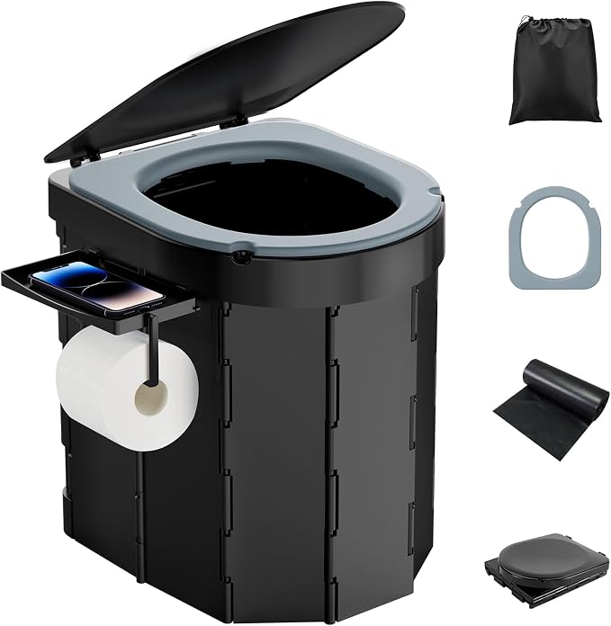 Portable Camping Toilet, Foldable Toilet for Adults with Detachable Phone Shelf and Toilet Paper Holder, Waterproof Porta Potty with Lid for Camping, Hiking, RV Travel, Road Trips