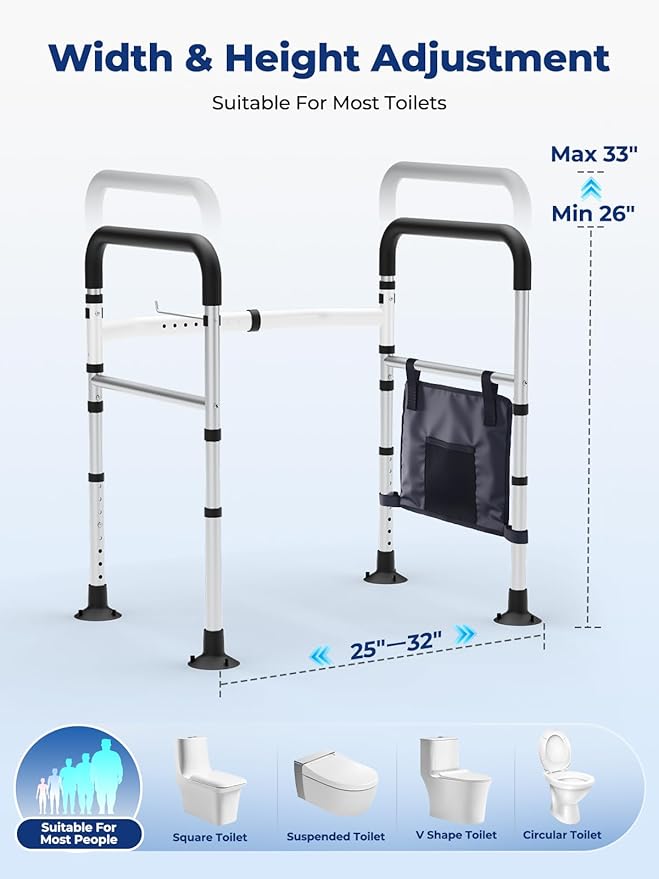Toilet Safety Rails, Height & Width Adjustable Detachable Toilet Safety Frame for Seniors, Elderly & Disabled, Foldable Handicap Toilet Rails with Handles Storage Bag, Tissue Holder (350LB)