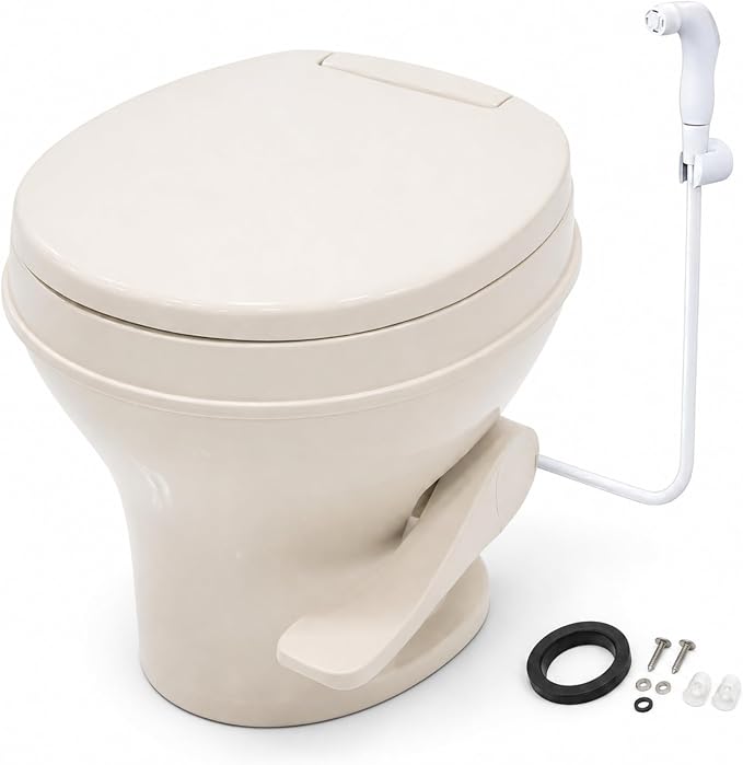 SEAFLO Residential Height Bone Camper/RV Toilet with Sprayer Attachment, 18.5” Standard Height, Gravity Flush System, Pedal Operation, Soft Close Seat, 4-Year Warranty (Bone W/Sprayer Attachment)