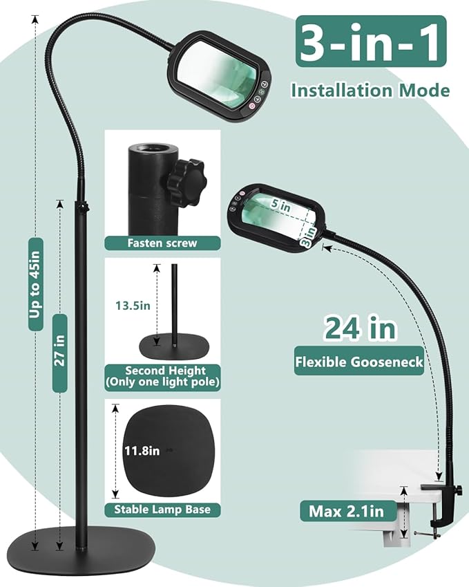 12X Rectangle Magnifying Glass with Light and Stand, 24" Flexible Gooseneck 3-in-1 Floor Lamp, 5 Color Modes Stepless Dimmable, LED Lighted Hands Free Magnifier for Reading Crafts Painting Close Work