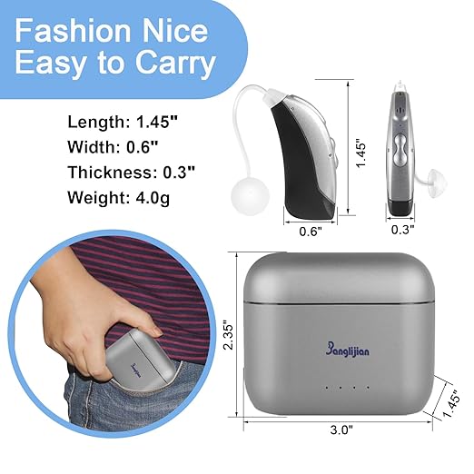 Banglijian Small Rechargeable BTE Hearing Aids for Moderate to Moderate-Severe Hearing Loss Seniors, 16-Channel Noise Reduction, Large Capacity Charging Box, Home & Travel Use (Gray-Black)