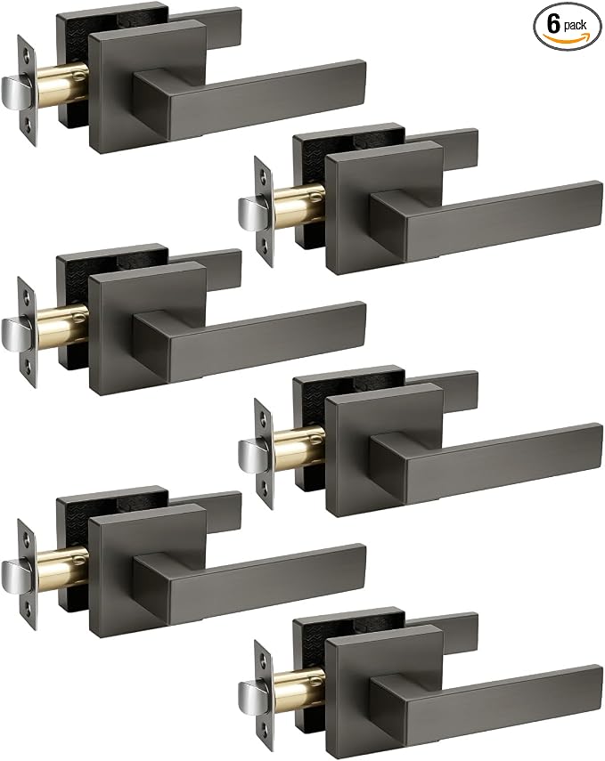 KNOBWELL 6 Pack Door Handles Interior Passage Door Knob for Closet Hallway Gunmetal Black Door Leverset Mordern Doorknob