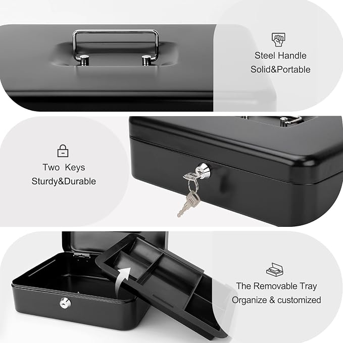 Jssmst Large Cash Box with Key Lock - Durable Metal Cash Box with Money Tray, 11.81 x 9.84 x 3.46 inches (X-Large, Black)