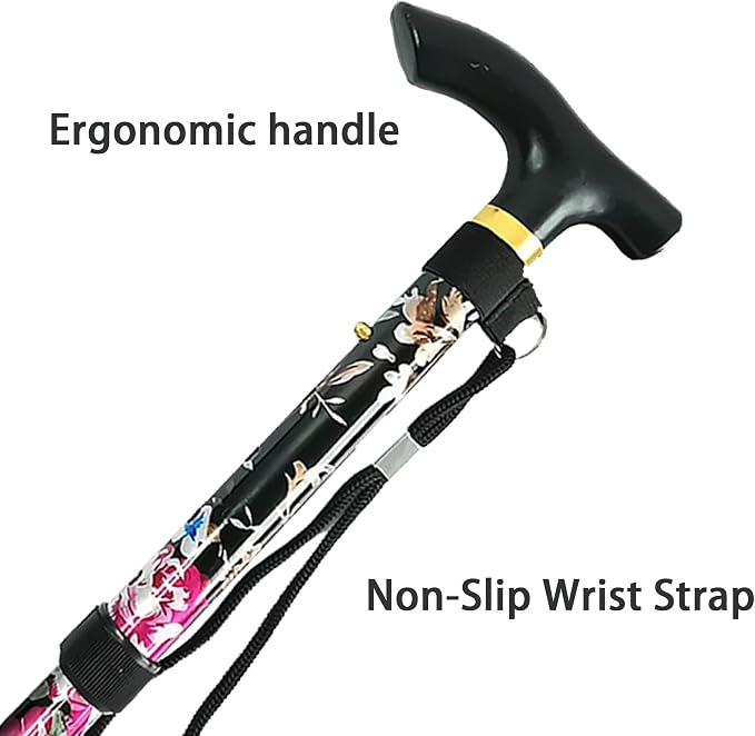 Folding Canes for Men and Women, Floral | 5-Level Adjustable Height, Lightweight Collapsible, Aluminum, Wrist Strap, T Handle, Walking Sticks for Seniors Adults
