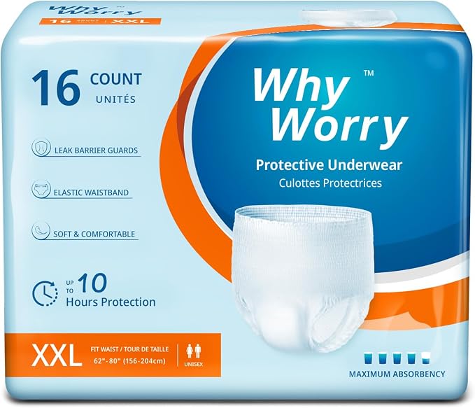 WhyWorry Incontinence Underwear for Women & Men, XXLarge, 16 Count | Disposable Adult Pull Ups with Maximum Absorbency, Leakproof Adult Diaper Pants, Overnight Protection, Odor Control, Unisex