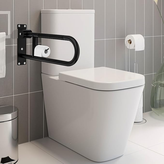 Toilet Grab Bar 22.4 Inch, YuanDe Flip Up Grab Bar with Paper Holder, Matte Black Anti-Slip Safety Bars for Toilet, Stainless Steel Knurled Toilet Handles for Seniors Disabled Elderly Pregnant