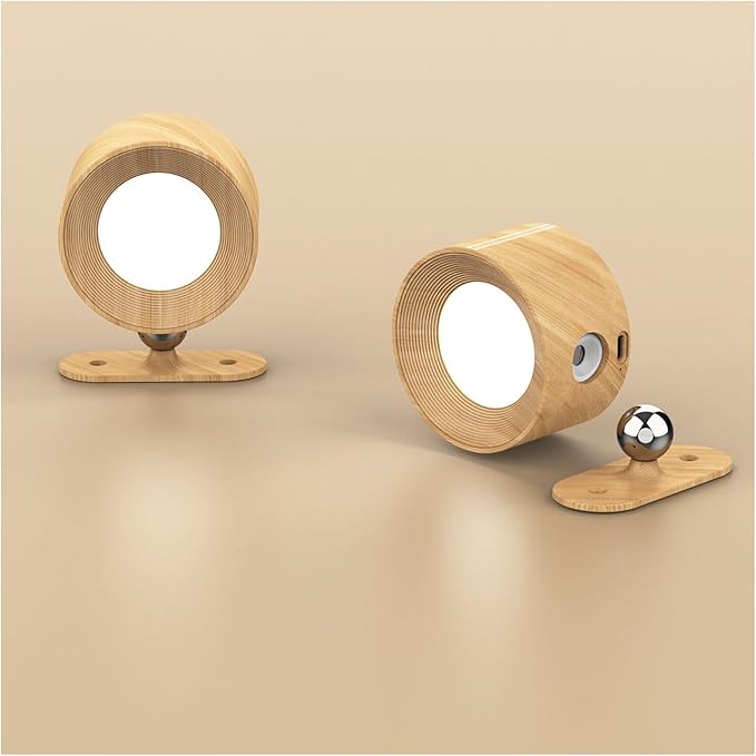2PACK LED Wall Sconce - Rechargeable Cordless Wall Light, 3 Colors & 3 Brightness Levels, 360° Magnetic Rotating Head, Bedside Reading Lamp, Easy Install Battery Operated Lamp Wood