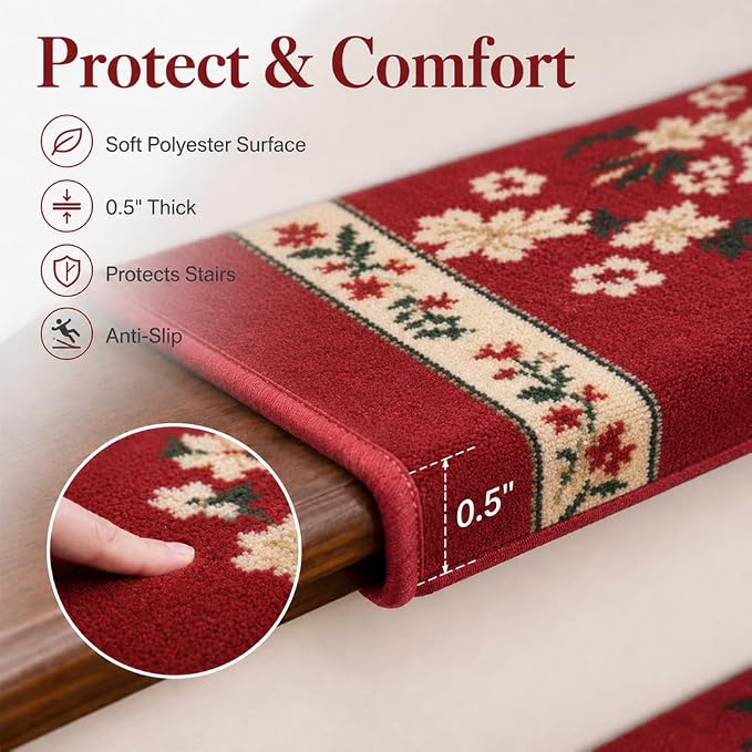 Rounded Bullnose Carpet Stair Treads for Wooden Steps Indoor, No Tape Non Slip Step Mats with TPU Backing & Steel Reinforced Edge for Dogs Elders,Red Floral,28
