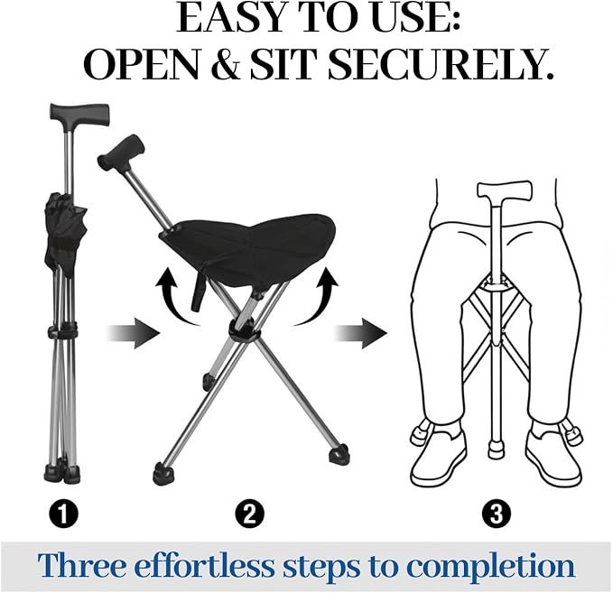 Cane with Seat Foldable Lightweight, Walking Cane with seat, Adjustable Walking Stick for Seniors & Elderly, with Padded Seat and Non-Slip Base for Outdoor Walking, Hiking, and Travel Assistance