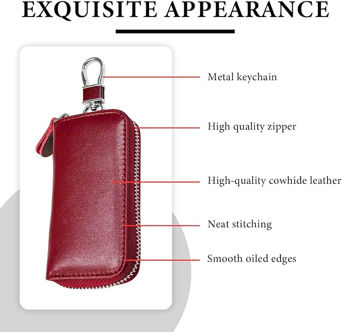 Leather Car Key Holder Bag, Unisex Key Fob Case with 6 Hooks, Zipper Closure Keychian Case Wallet for Smart Keys (Wine Red)
