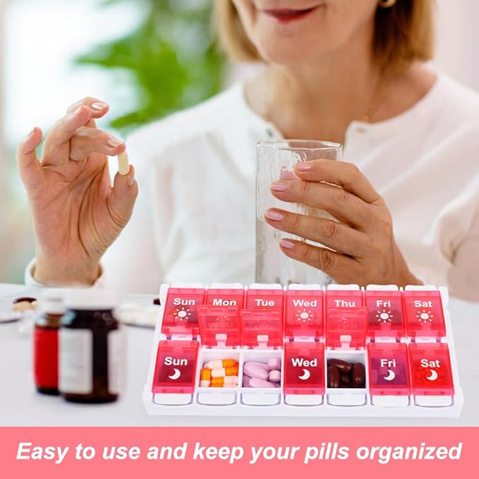 Shintop Weekly Pill Organizer 2 Times, Pink Pill Box Push Button Daily Vitamin Case Easy Fill Morning Night Medicine Organizer for Fish Oil Supplements