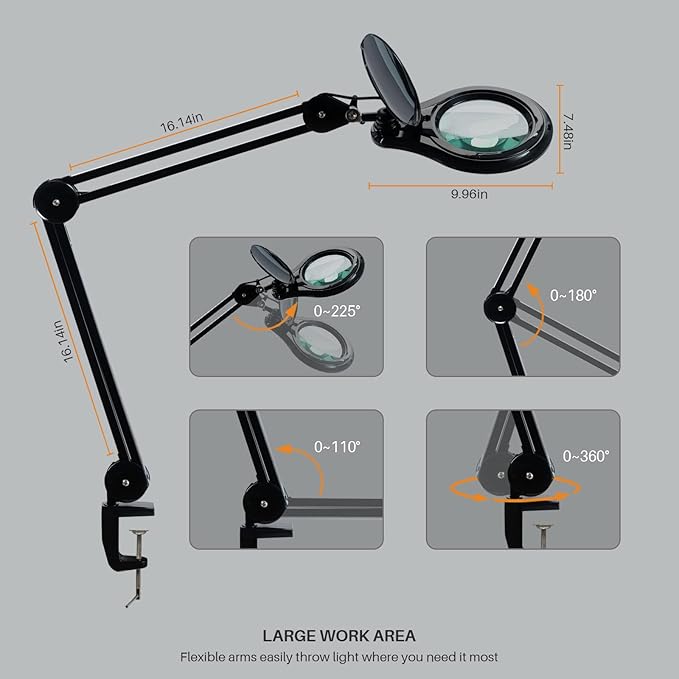 LED Magnifying Lamp with Clamp, 5 Inch Magnifier Glass Lens, Metal Swing Arm Dimming 1200 Lumens Lighted Magnifying Desk Lamp for Crafts, Bright 60PCS LEDs - 2.25X Magnification(Black)