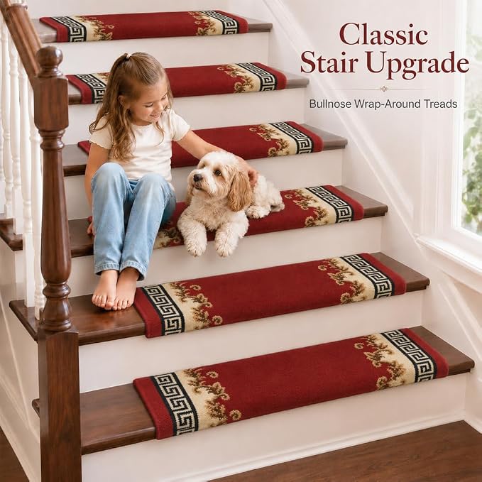 Rounded Bullnose Carpet Stair Treads for Wooden Steps Indoor, No Tape Non Slip Step Mats with TPU Backing & Steel Reinforced Edge for Dogs Elders,Red Border,2