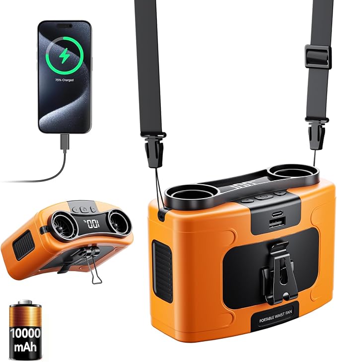 Doublepow 10000mAh Portable Waist Fan, Personal Dual Waist Fan, Clip On Belt Hanging Neck, Dual Motor 20H&10 Speed 16000RPM Strong Airflow, USB Rechargeable Fans, for Outdoor Work Travel(K60-Orange)